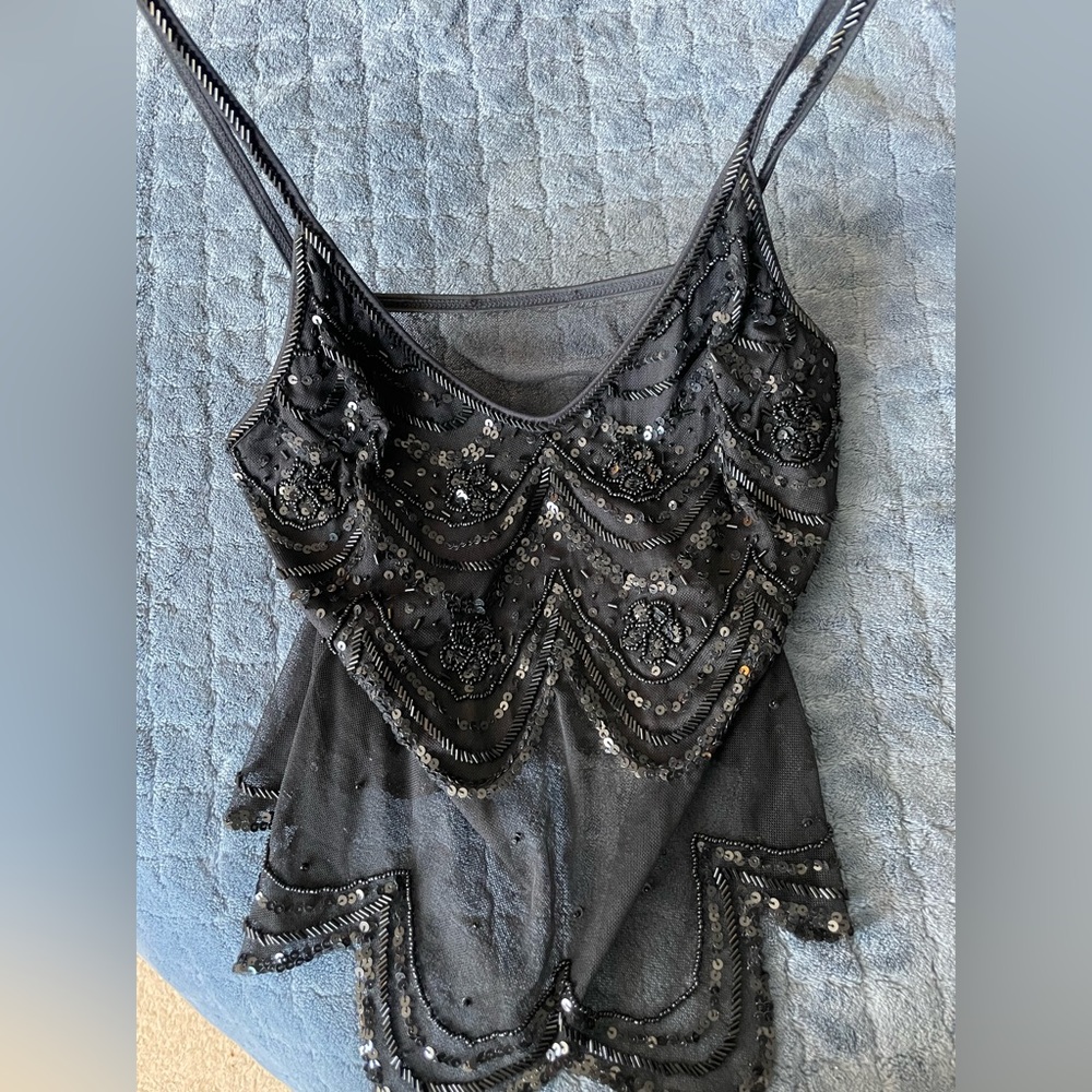 Beaded mesh tank top